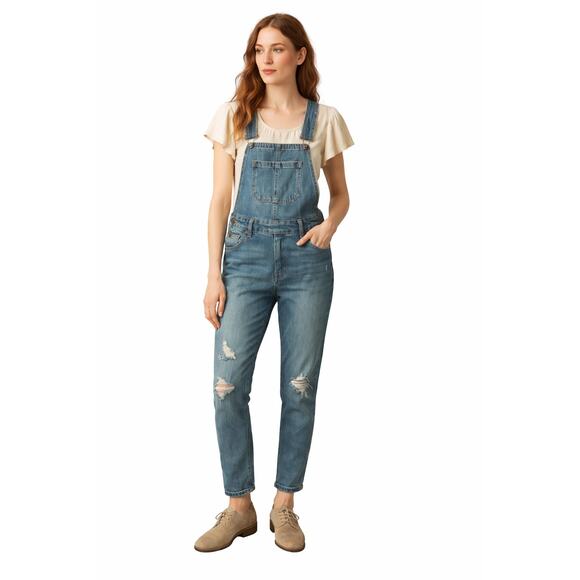 Vanilla Star Denim - Vanilla Star Blue Wash Denim Distressed Frayed Overall Jeans Y2K Medium